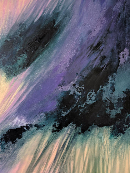 Abstract art with swirling colors in purple, black, and green.