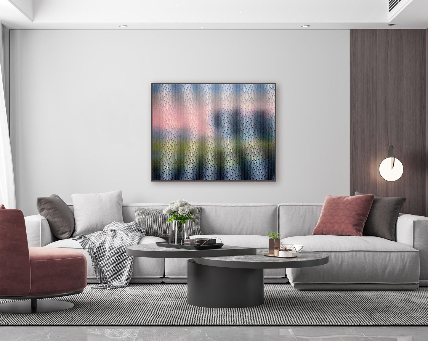 Sophisticated home office interior featuring Vasyl Kolodiy's original atmospheric painting Mirage No. 86 as a vibrant focal point.