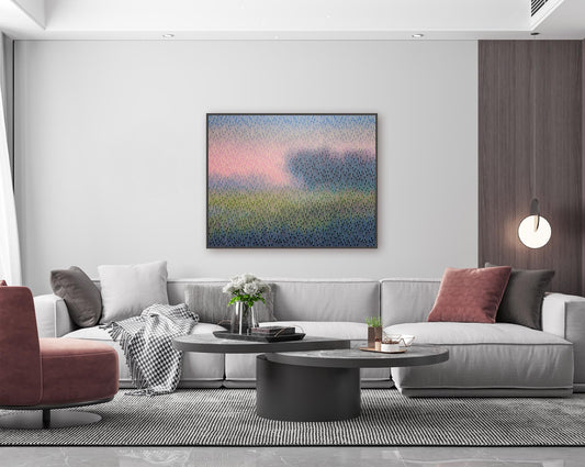 Sophisticated home office interior featuring Vasyl Kolodiy's original atmospheric painting Mirage No. 86 as a vibrant focal point.