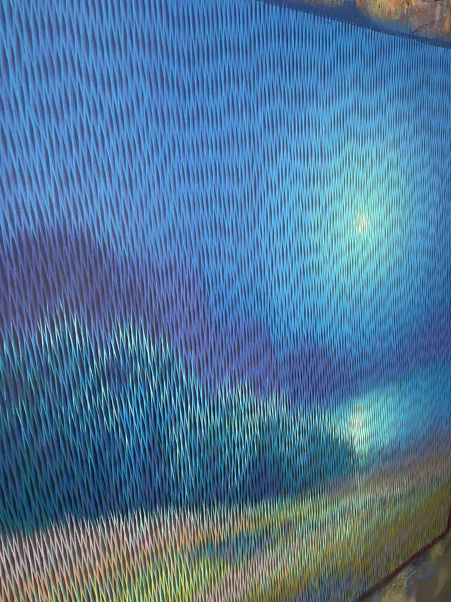 Macro view of the signature optical pattern and delicate paint line work on the surface of Meditation 168 artwork.