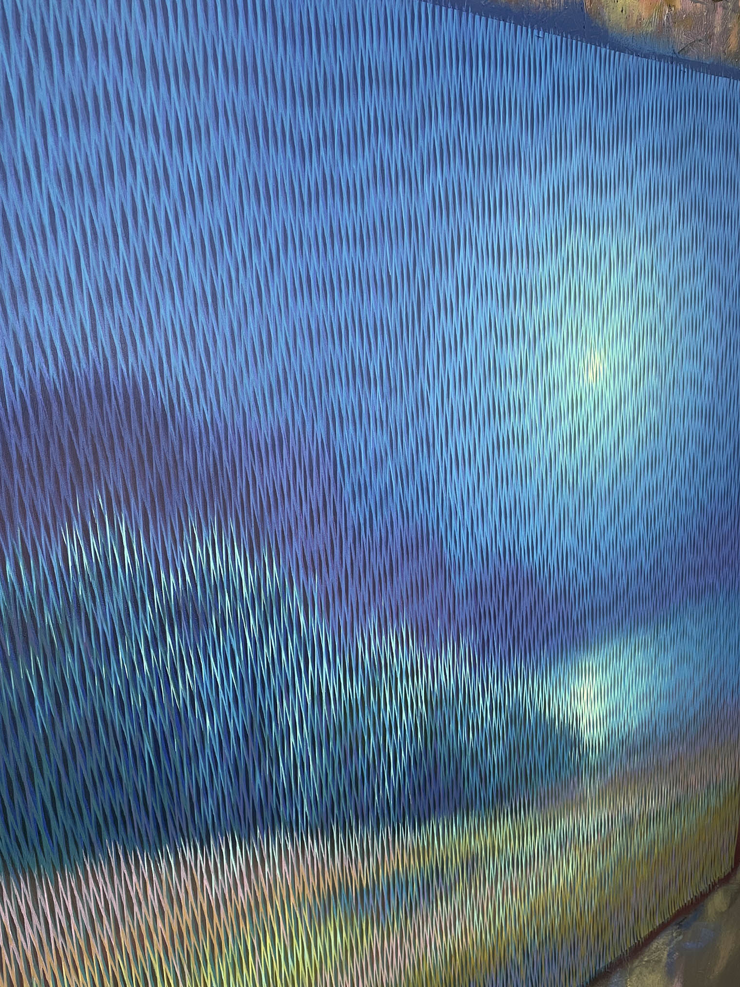 Macro view of the signature optical pattern and delicate paint line work on the surface of Meditation 168 artwork.