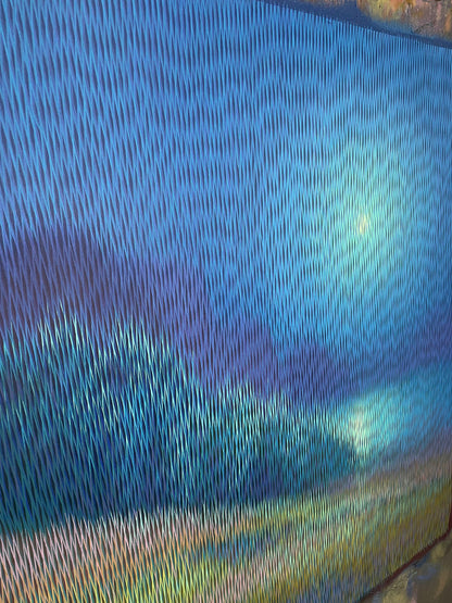 Macro view of the signature optical pattern and delicate paint line work on the surface of Meditation 168 artwork.