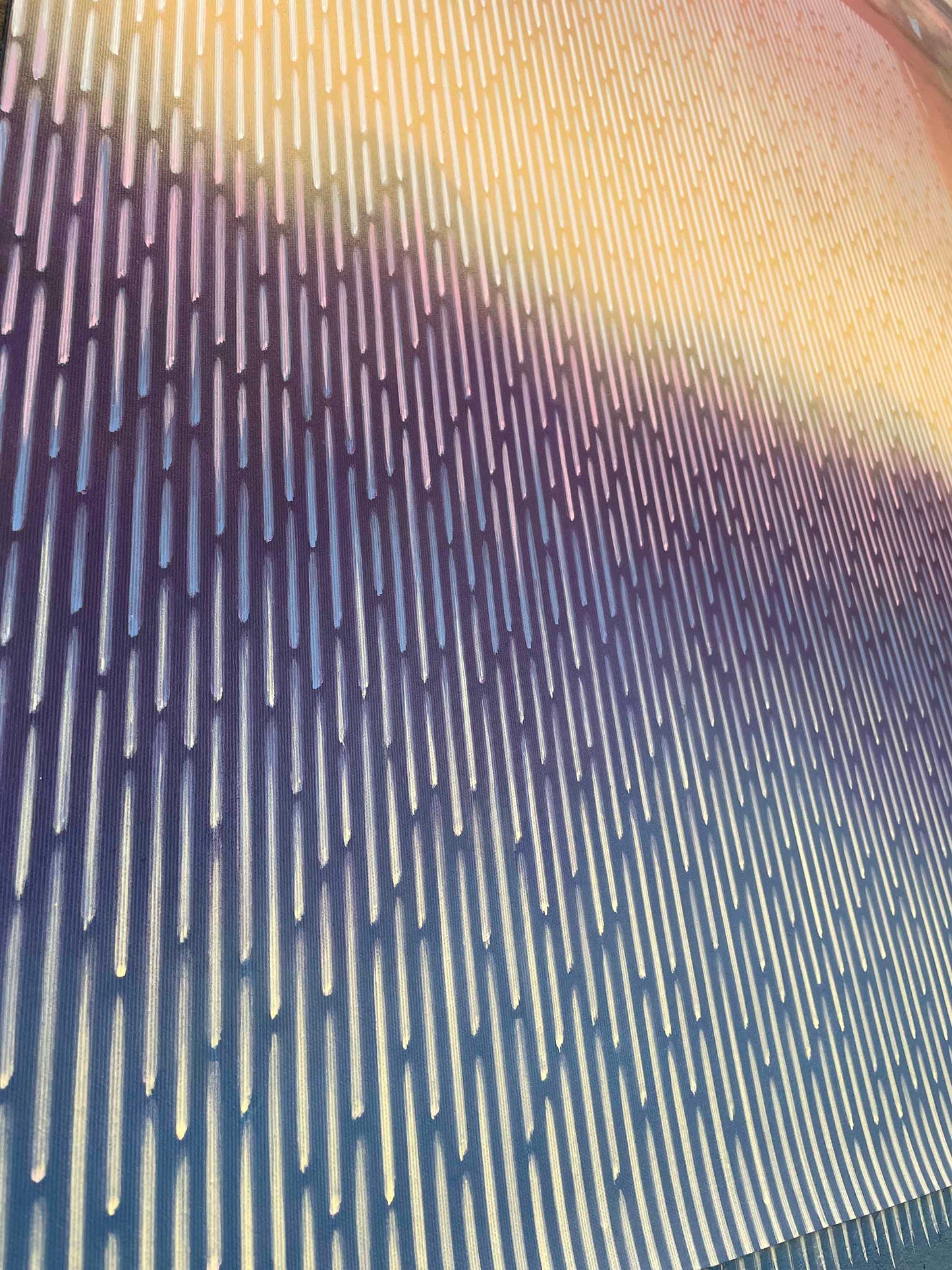 Macro view of Vasyl Kolodiy's signature technique on Mirage No. 39, showing smooth vertical line patterns and fluid color transitions.