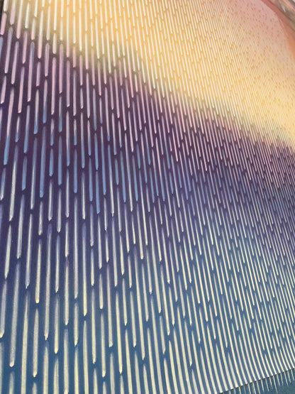 Macro view of Vasyl Kolodiy's signature technique on Mirage No. 39, showing smooth vertical line patterns and fluid color transitions.