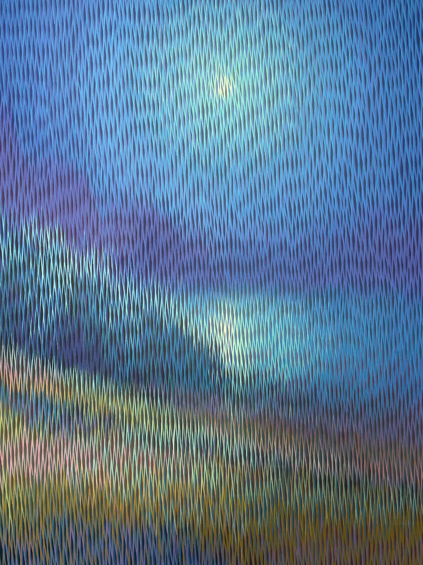 Detailed close-up showing the smooth acrylic glaze depth and fine detail execution on meditation 168 canvas.