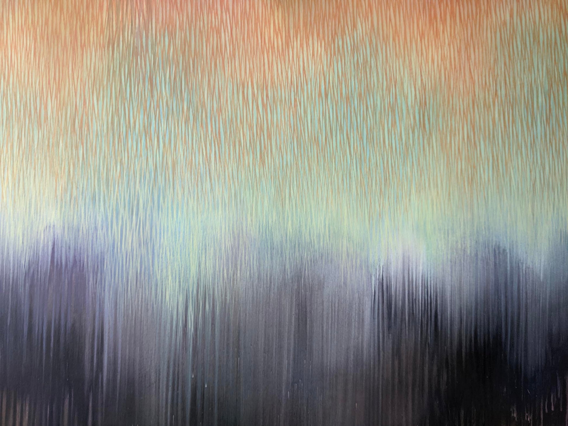 Abstract art with vertical brush strokes in brown, green, and blue.