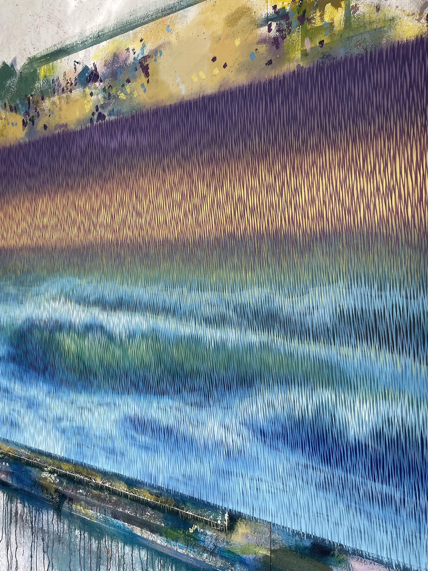 Artistic depiction of a landscape with blue water, greenery, and a yellow sky.