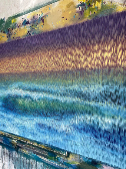 Artistic depiction of a landscape with blue water, greenery, and a yellow sky.
