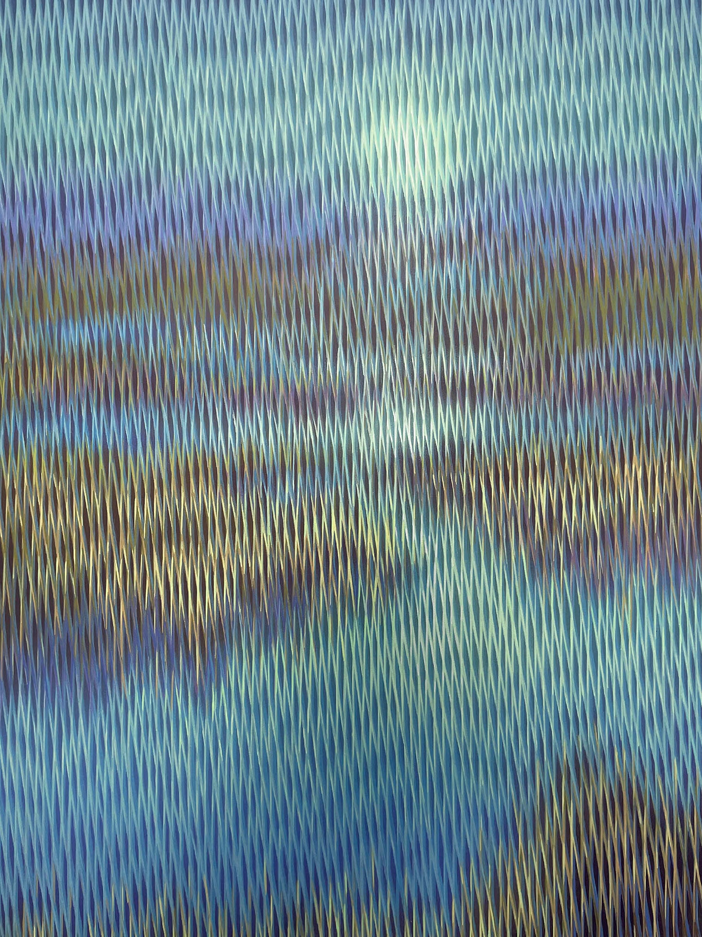 Abstract painting with wavy lines in blue and green tones