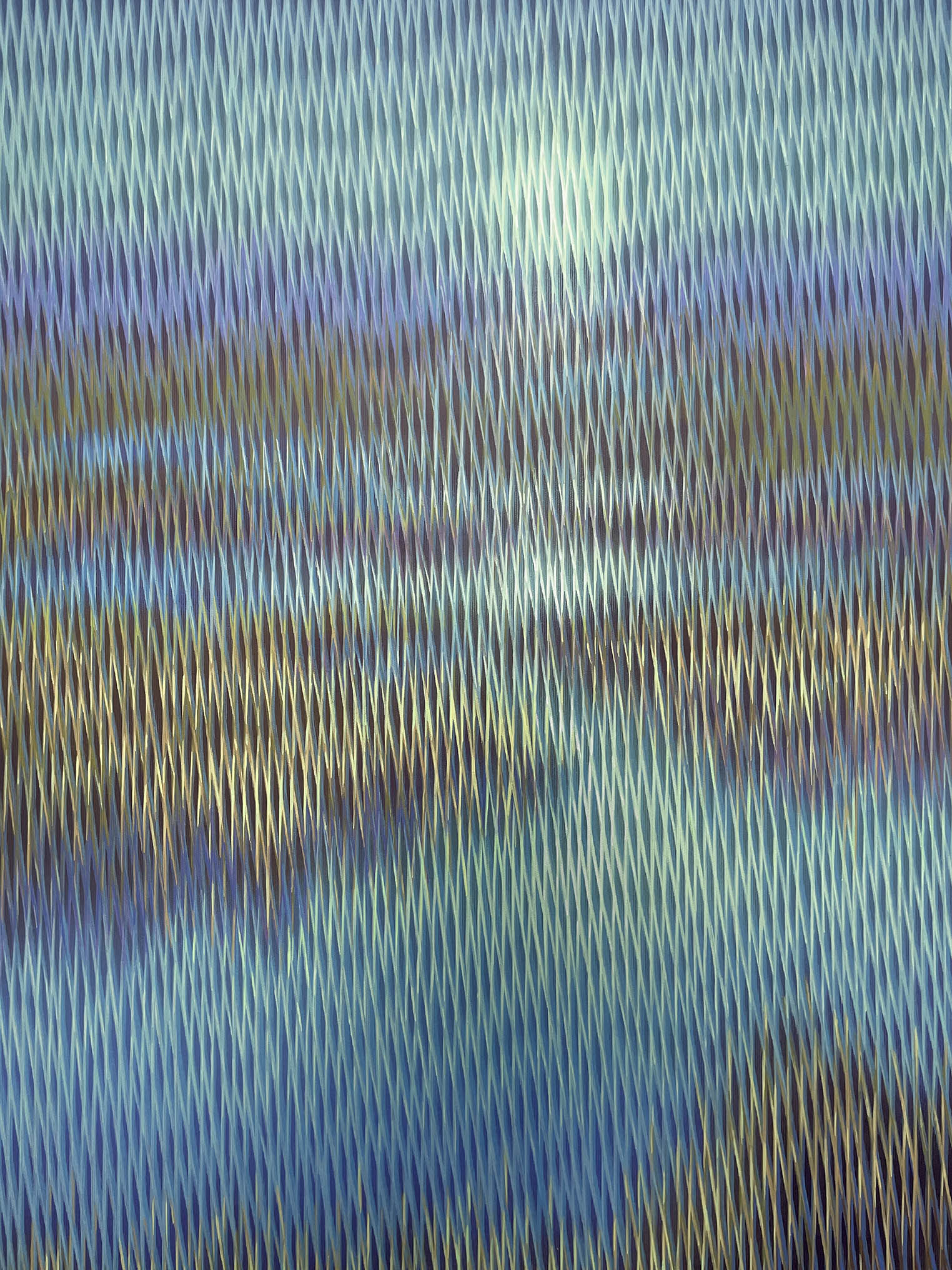 Abstract painting with wavy lines in blue and green tones