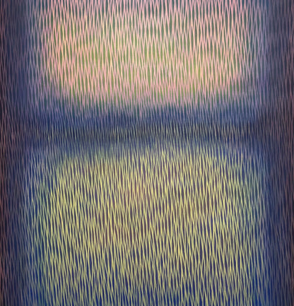 Abstract painting with wavy lines in blue, green, and purple tones.