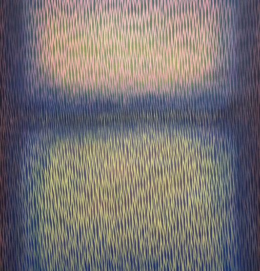 Abstract painting with wavy lines in blue, green, and purple tones.
