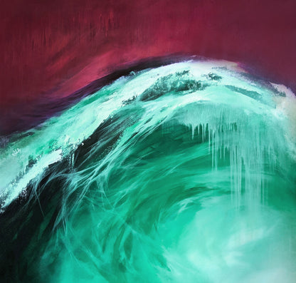 Abstract painting of a wave with teal and purple colors