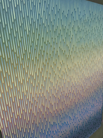Close-up of the rhythmic vertical pattern mimicking falling rain over a misty ocean horizon in Mirage No. 77