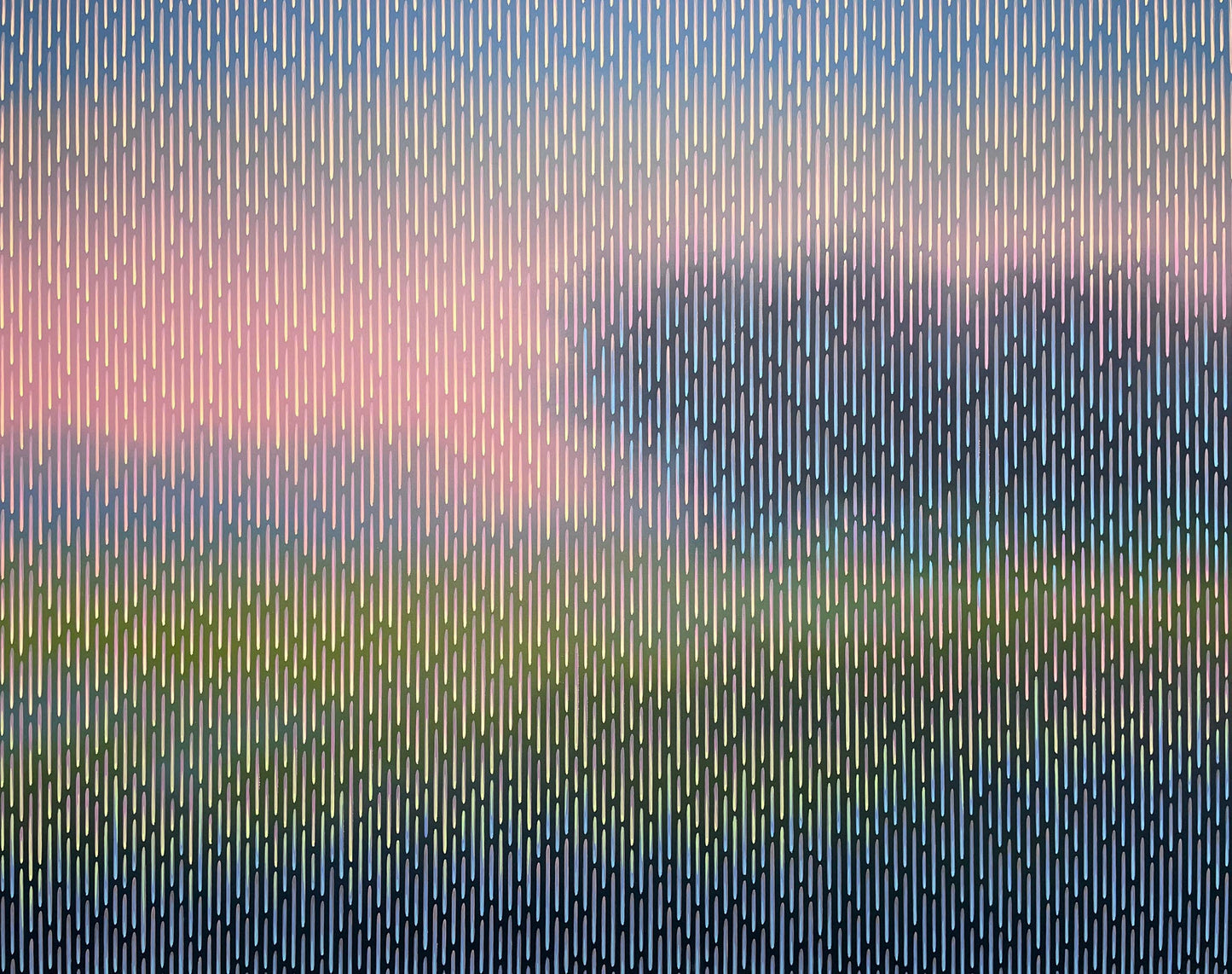 Vibrant abstract landscape Mirage No. 86 by Vasyl Kolodiy, fine art acrylic on canvas with a unique geometric line overlay.