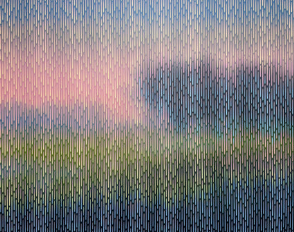 Vibrant abstract landscape Mirage No. 86 by Vasyl Kolodiy, fine art acrylic on canvas with a unique geometric line overlay.